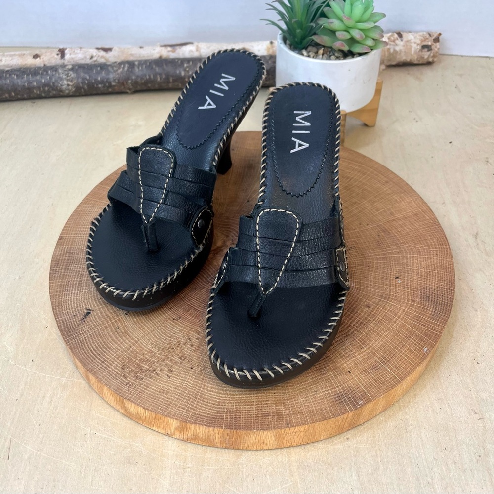 Vintage Y2K MIA Black Leather Studded Heeled Sandals Size 6.5